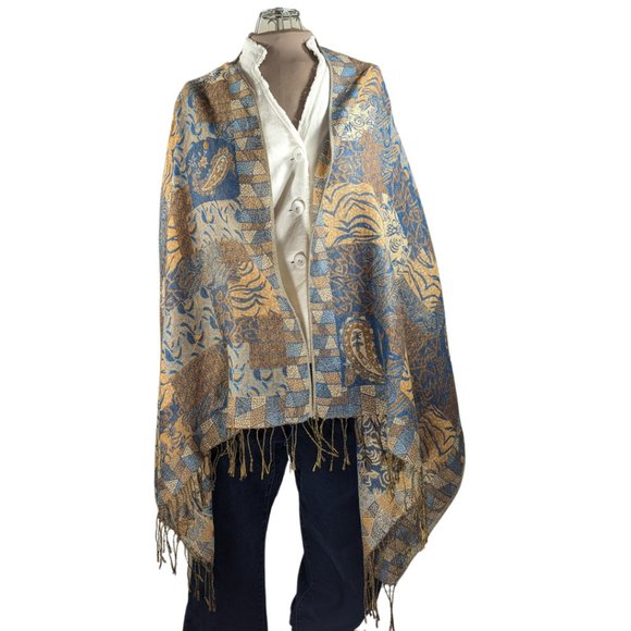 Accessories - Paisley Gold Metallic Blue Yellow Pashmina Scarf